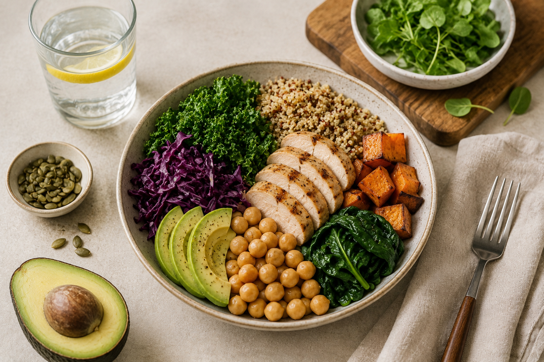 5-day detox meal plan with healthy whole foods, vegetables, quinoa, chickpeas and protein