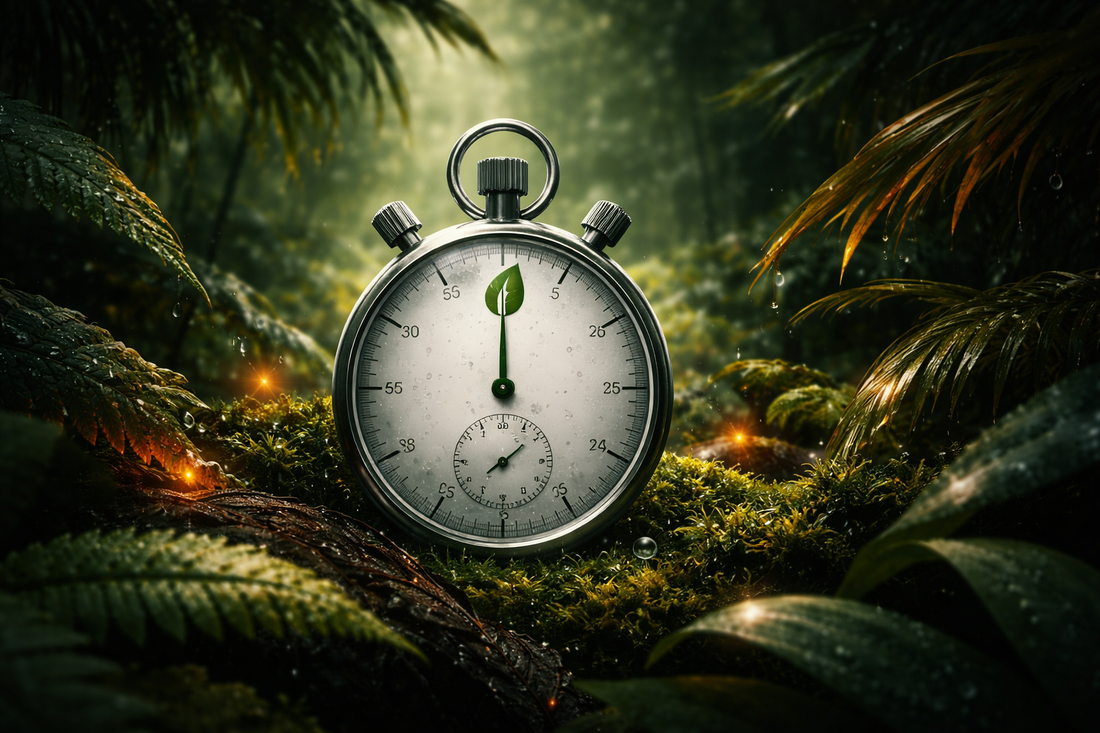 Stop watch in a lush forest, to indicate how long it takes the body to detox