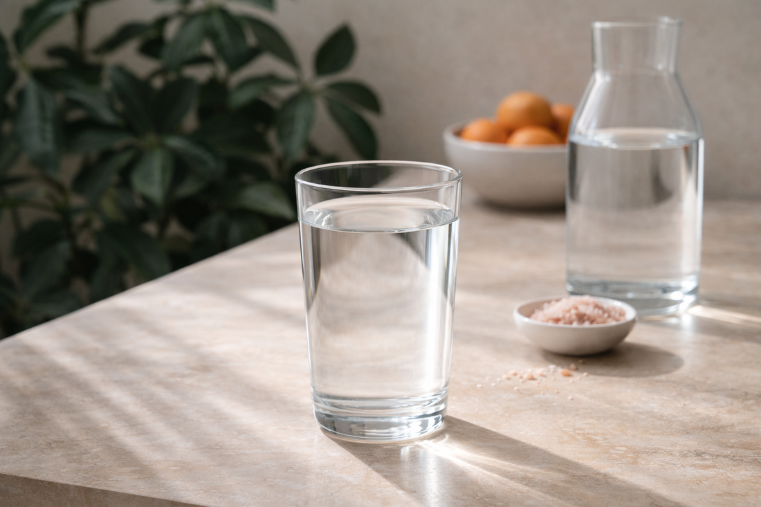 Filtered and remineralised water in glass carafe with plant in background