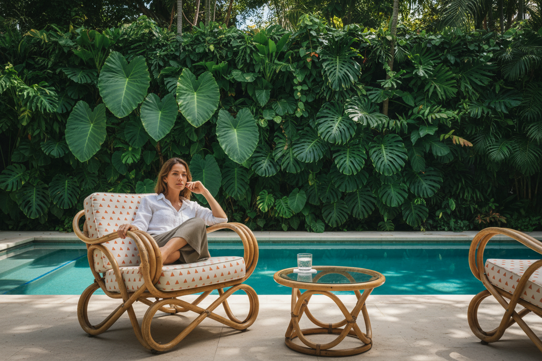 Healthy, relaxed woman in tropical setting. 