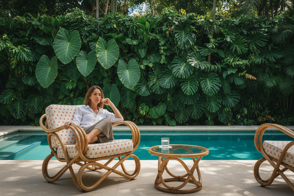 Healthy, relaxed woman in tropical setting. 