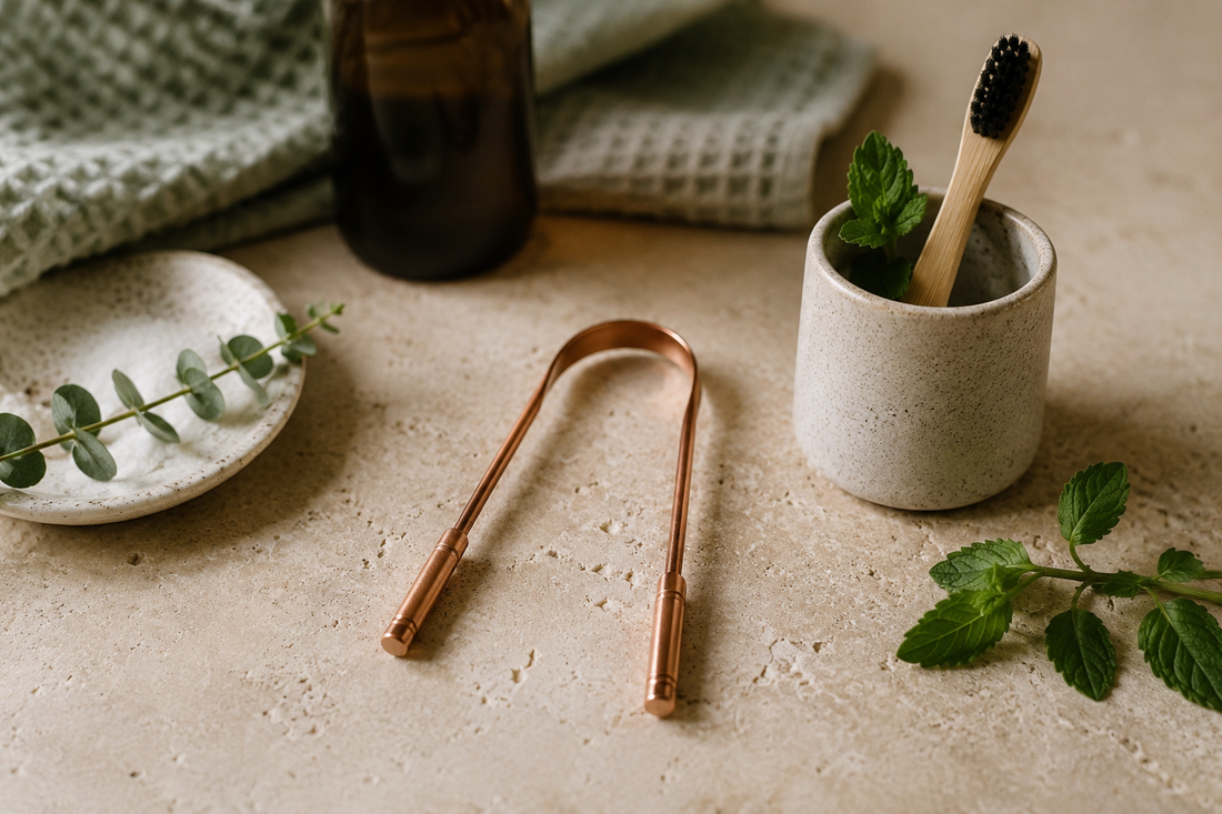 Copper tongue scraper and bamboo toothbrush for natural oral care
