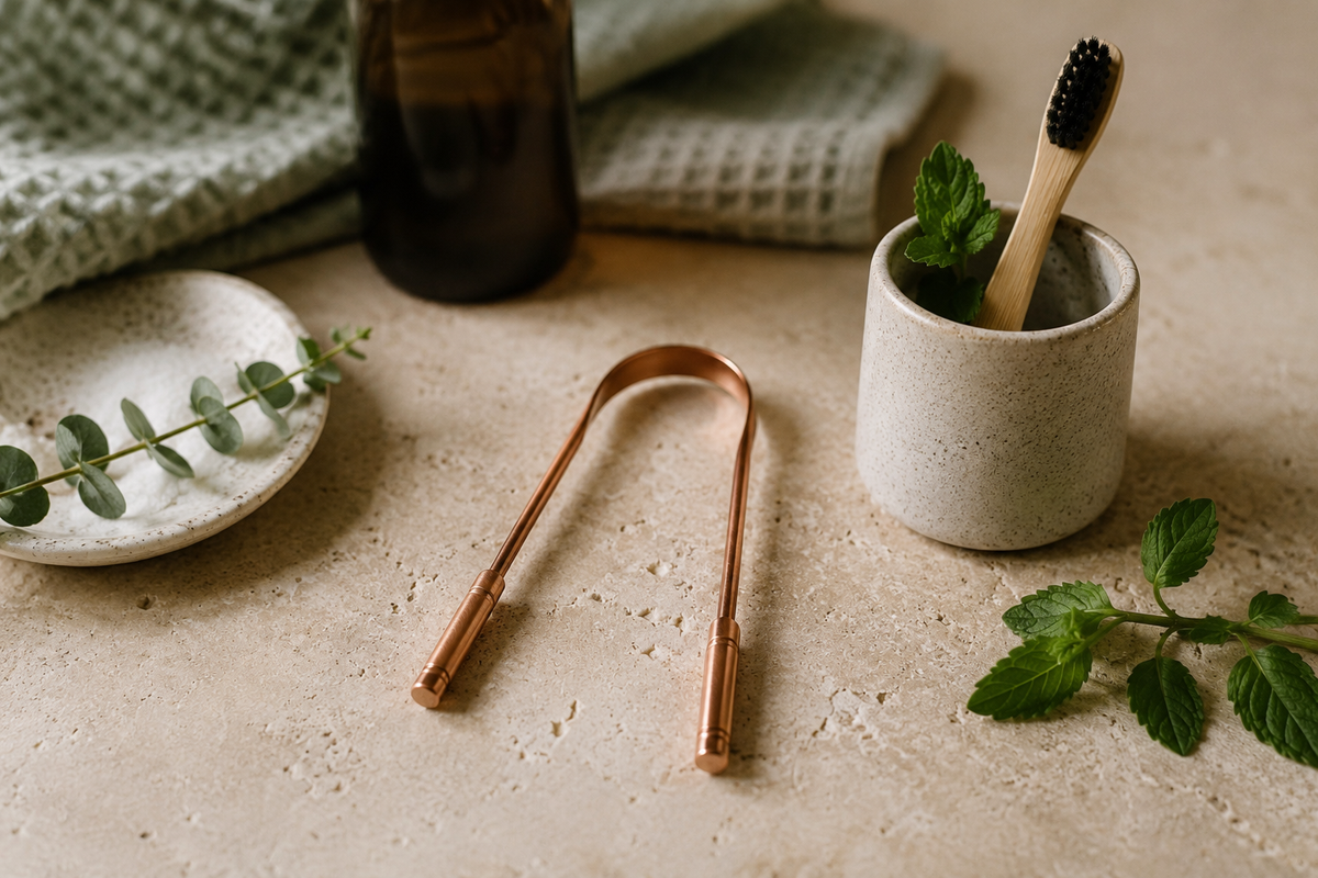 Copper tongue scraper and bamboo toothbrush for natural oral care