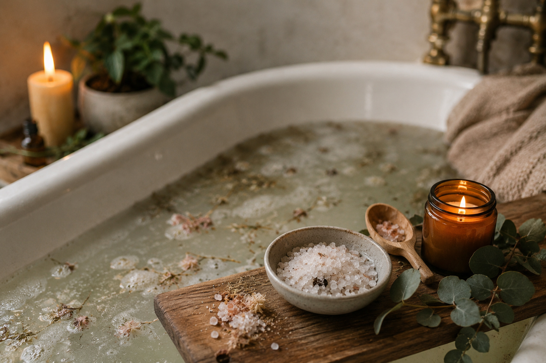 Relaxing detox bath with Epsom salts, Himalayan salt, bentonite clay and essential oils