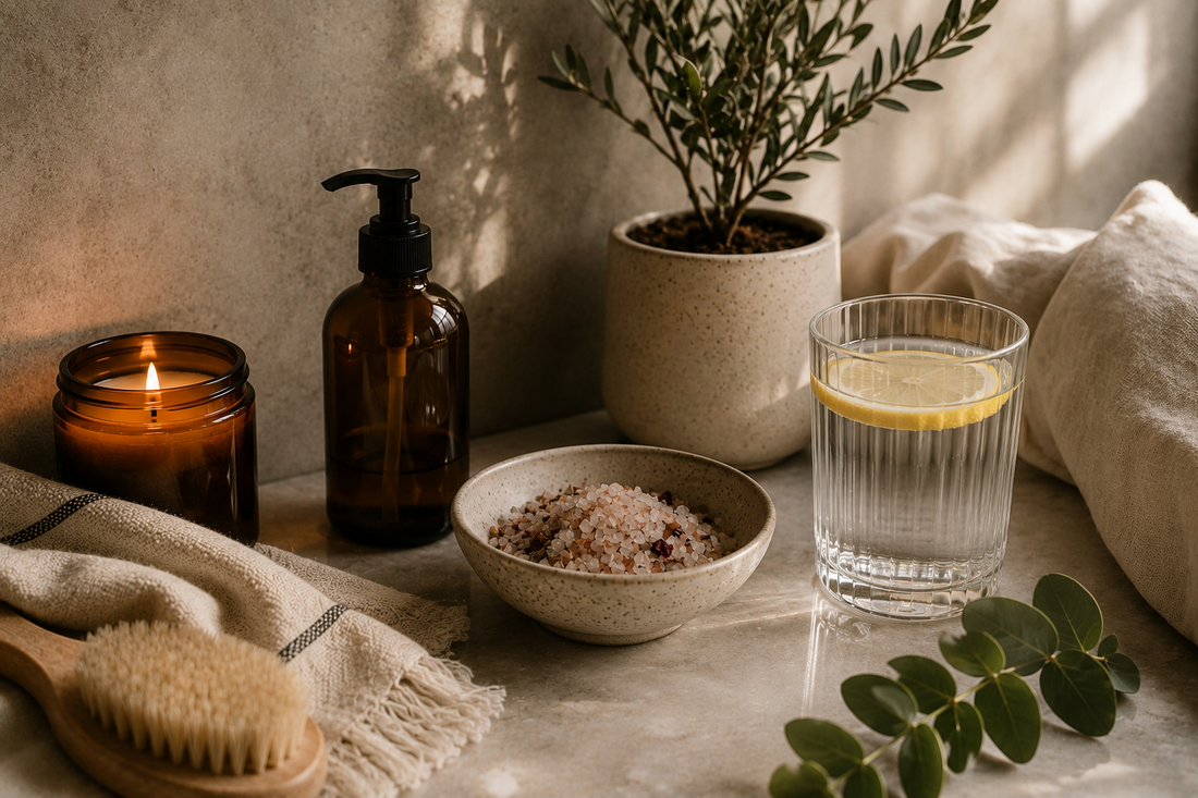 Dry July alcohol-free detox routine with herbal tea, lemon water and natural wellness essentials