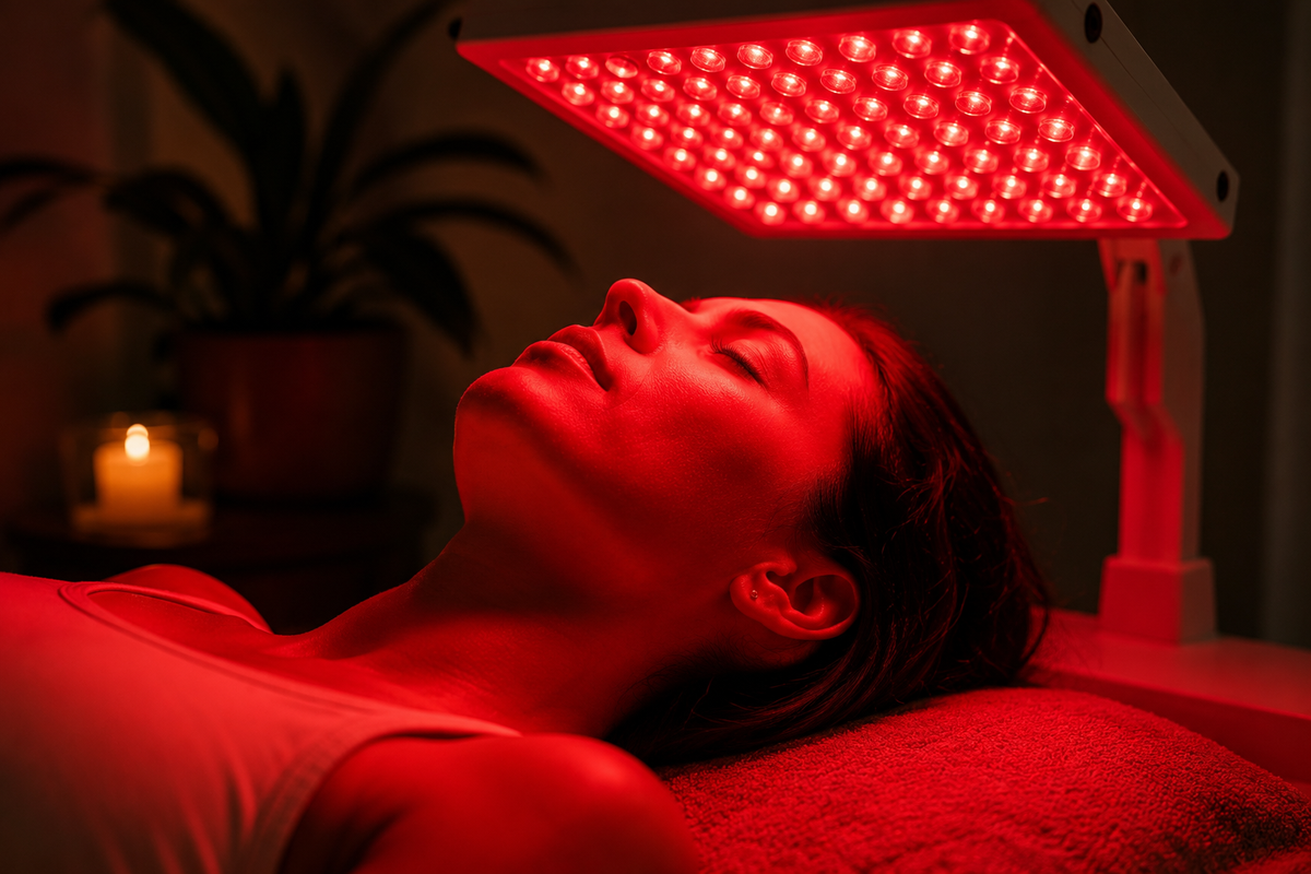 Red light therapy session using a red LED panel for wellness and detox support